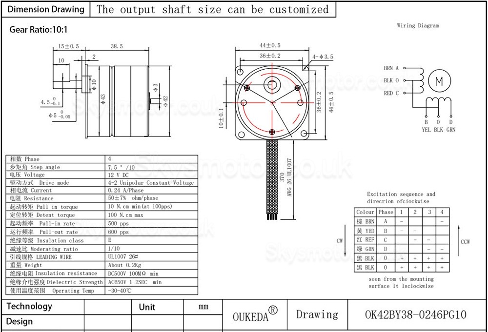 Oukeda Permanent Magnet PM Stepper Motor 7.5 Deg 24V 4 Phase with 10:1/30:1/50:1/75:1/120:1 Gearbox