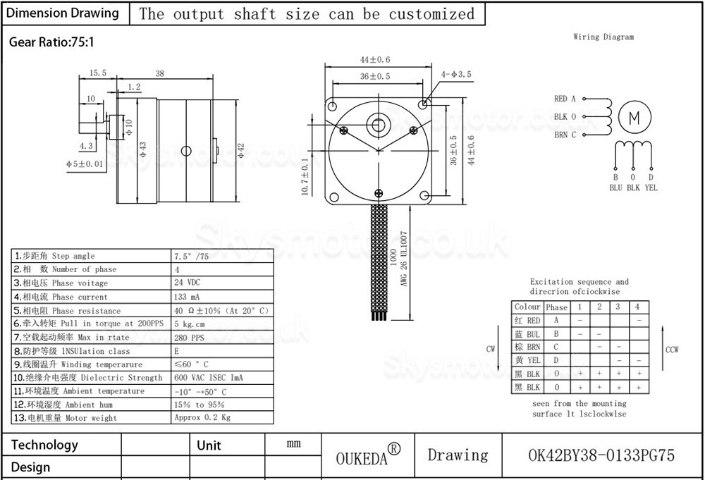 Oukeda Permanent Magnet PM Stepper Motor 7.5 Deg 24V 4 Phase with 10:1/30:1/50:1/75:1/120:1 Gearbox