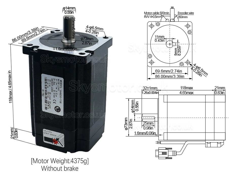 Nema34 Close Loop Stepper Motor Kit 86HB250-118B-HBS86 (No Brake) 1.8Deg 8N.m + HBS86 Driver