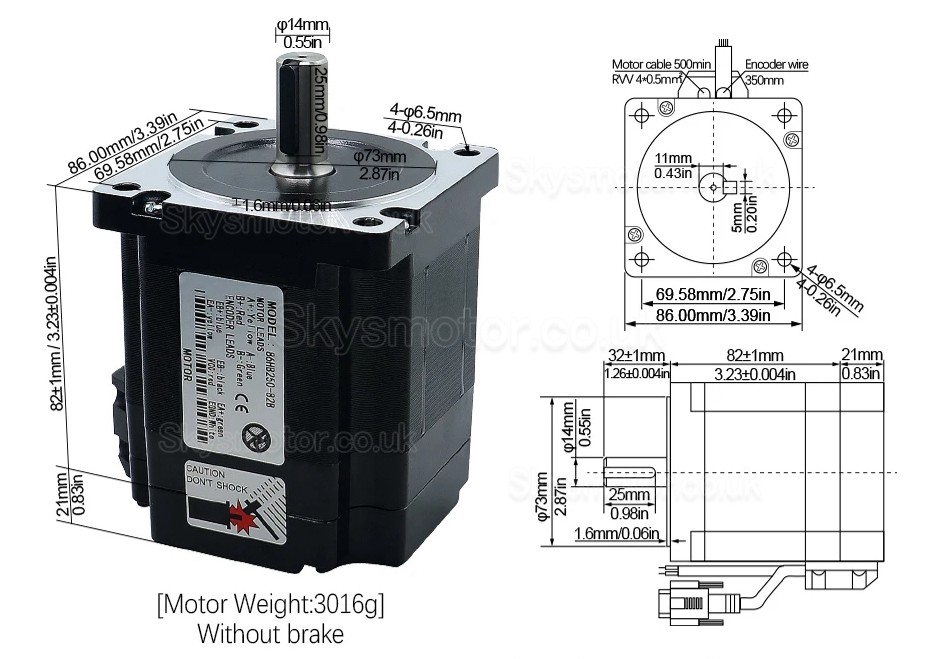 Nema34 Close Loop Stepper Motor Kit 86HB250-82B-HBS86 (No Brake) 1.8deg 4.5N.m with HBS86 Driver