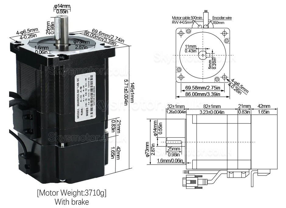 Nema34 Close Loop Stepper Motor Kit 86HB250-82B-HBS86 Brake 4.5N.m 1.8deg With HBS86 Driver + Cable + Brake