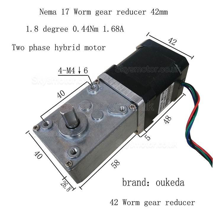 Oukeda Nema 17 Worm Gearbox Stepper Motor with 17:1/30:1/50:1/75:1/100:1/290:1/500:1 Worm Gearbox