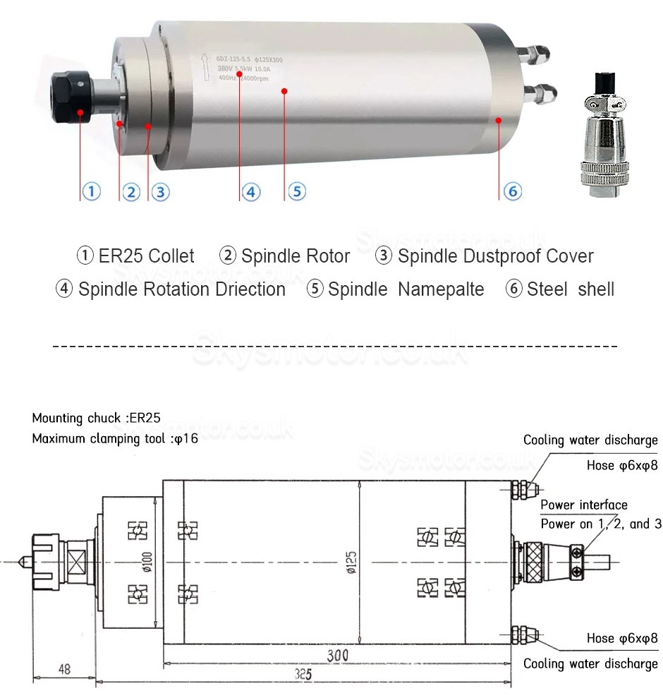 Water Cooled CNC Spindle Motor SMCU002873 5.5KW 220V/380V 24000RPM ER25 Collet