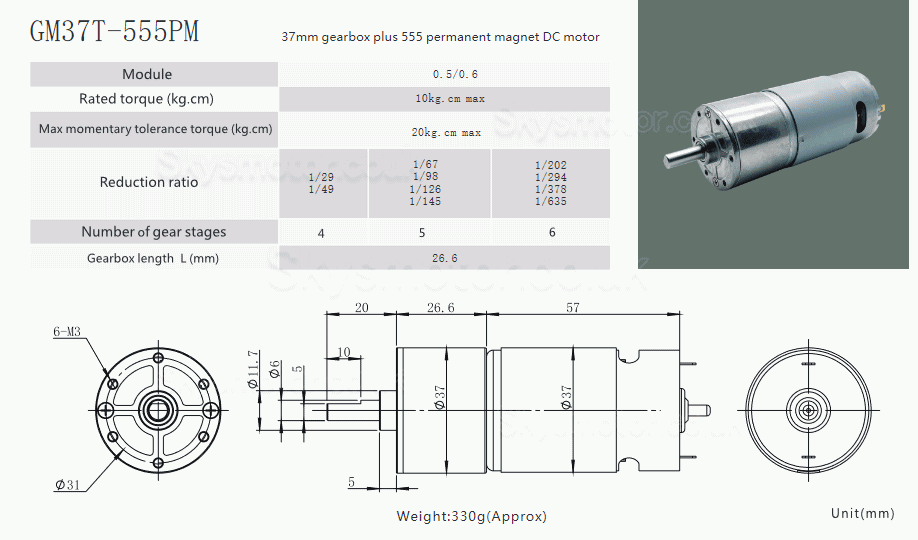 2Pcs Φ37mm 12V/24V Brushed DC Gearmotor GM37-555 with Reduction Ratio 6~810 Spur Gearbox