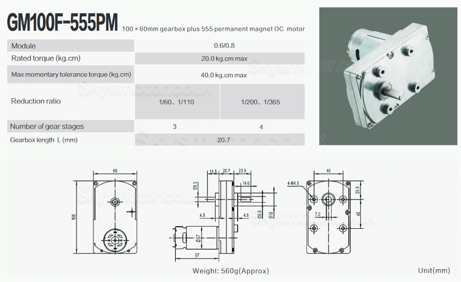 2Pcs 12V/24V Brushed DC Gearmotor GM100F-555PM PMDC Motor with Reduction Ratio 60~365 Rectangular Spur Gearbox