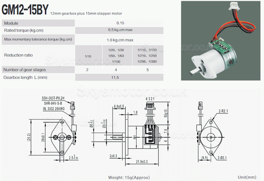 2Pcs 5V Micro DC Stepper Gear Motor GM12-15BY 18° 500mA 700g,cm 2 Phase with Ratio 10~380 Gearbox