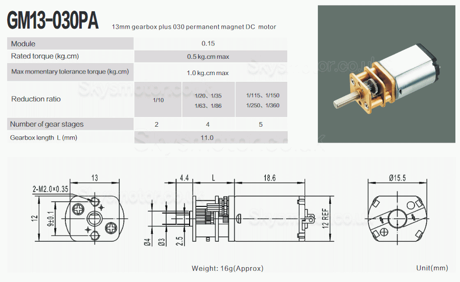 2Pcs 6V/12V Brushed DC Gearmotor PMDC Motor GM13-030PA With Reduction Ratio 3~360 Spur Gearbox