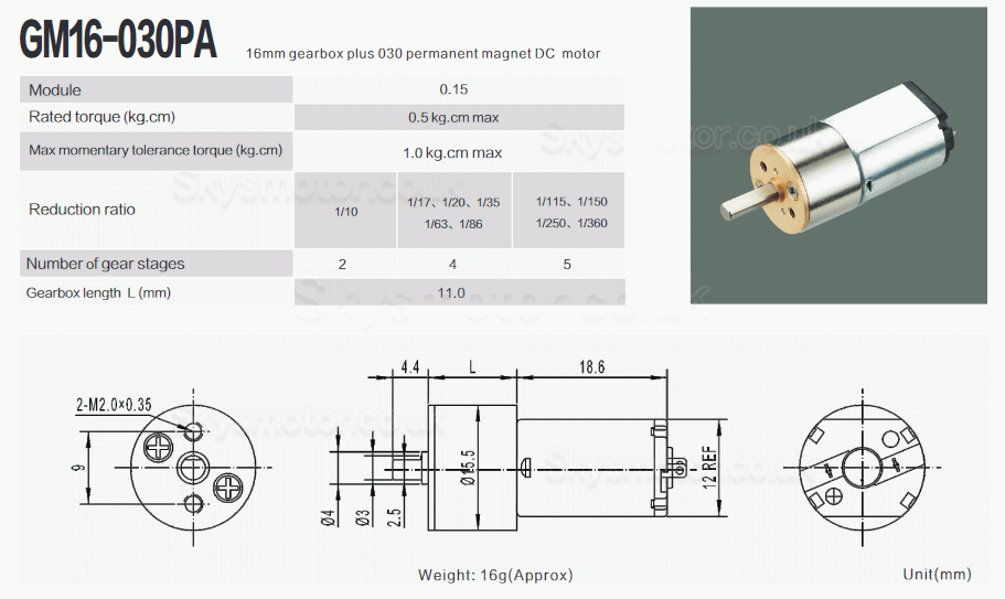 2Pcs Φ15.5mm 6V/12V Brushed DC Gearmotor PMDC Motor GM16-030PA With Reduction Ratio 18~336 Spur Gearbox