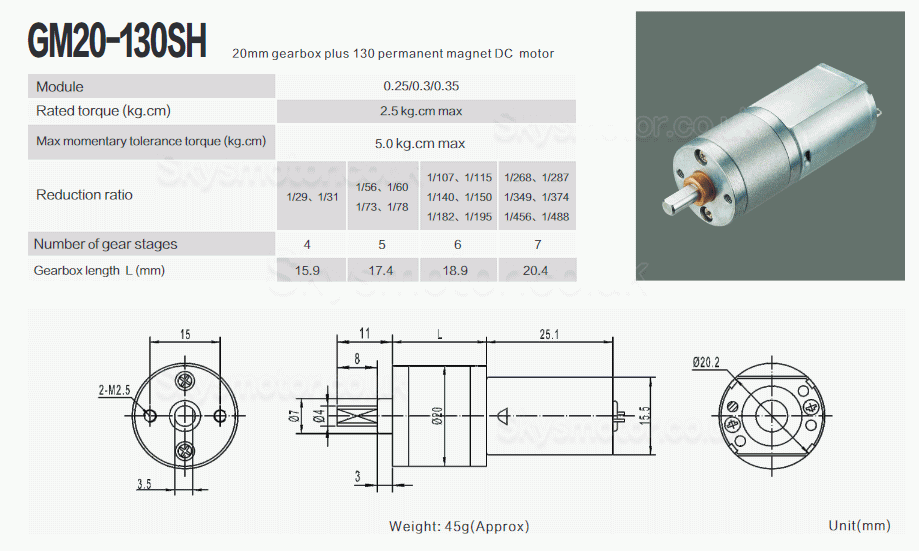 2Pcs Φ20mm 6V/12V Brushed DC Gearmotor PMDC Motor GM20-130SH with Reduction Ratio 29~488 Spur Gearbox