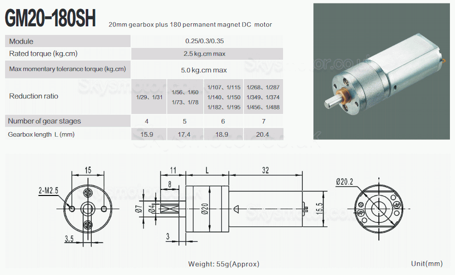 2Pcs Φ15.5mm 6V/12V Brushed DC Gearmotor PMDC Motor GM20-180SH with Reduction Ratio 29~488 Spur Gearbox