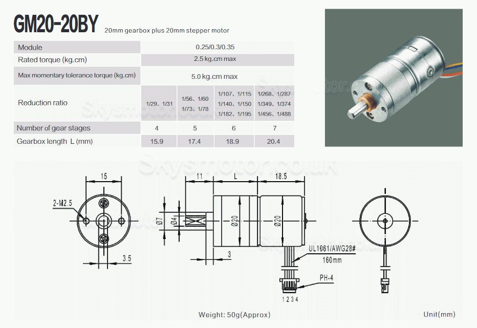 2Pcs 12V Micro DC Stepper Gear Motor GM20-20BY 18° 120mA 2.5kg.cm 2 Phase with Ratio 29~488 Gearbox