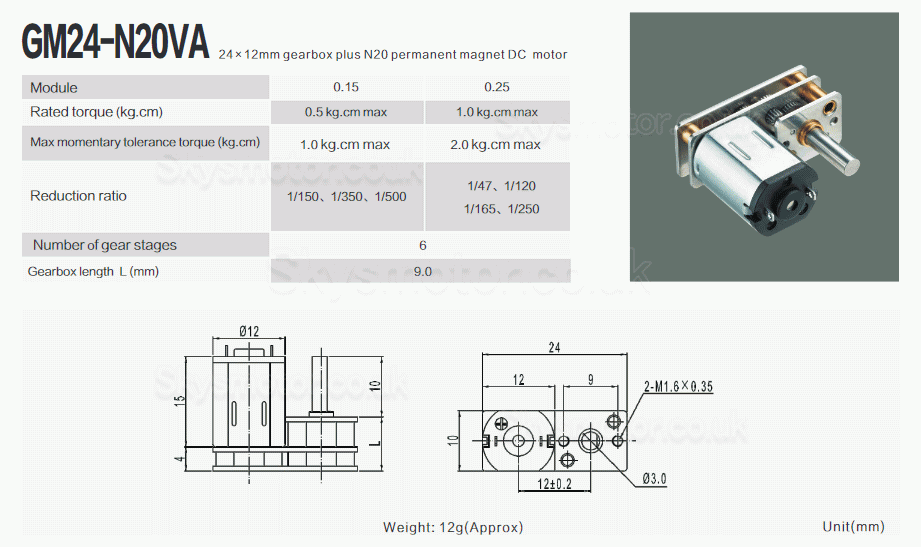 2Pcs 2.4V/5V Small Mini Brushed DC Gearmotor Permanent Magnet DC Motor GM24-N20VA with Spur Gearbox