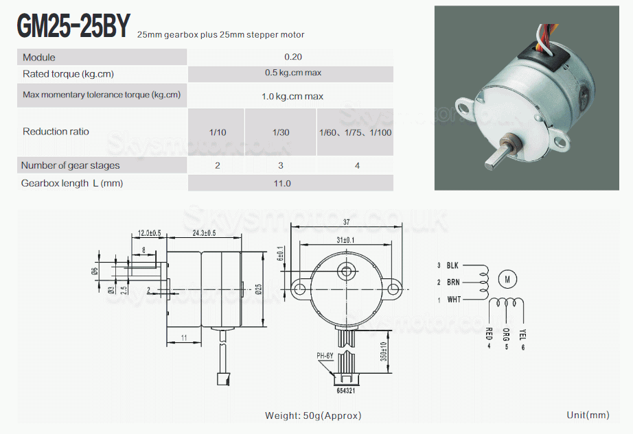 2Pcs 12V Micro DC Stepper Gear Motor GM25-25BY 7.5° 120mA 500g,cm 4 Phase with Ratio 10~100 Gearbox