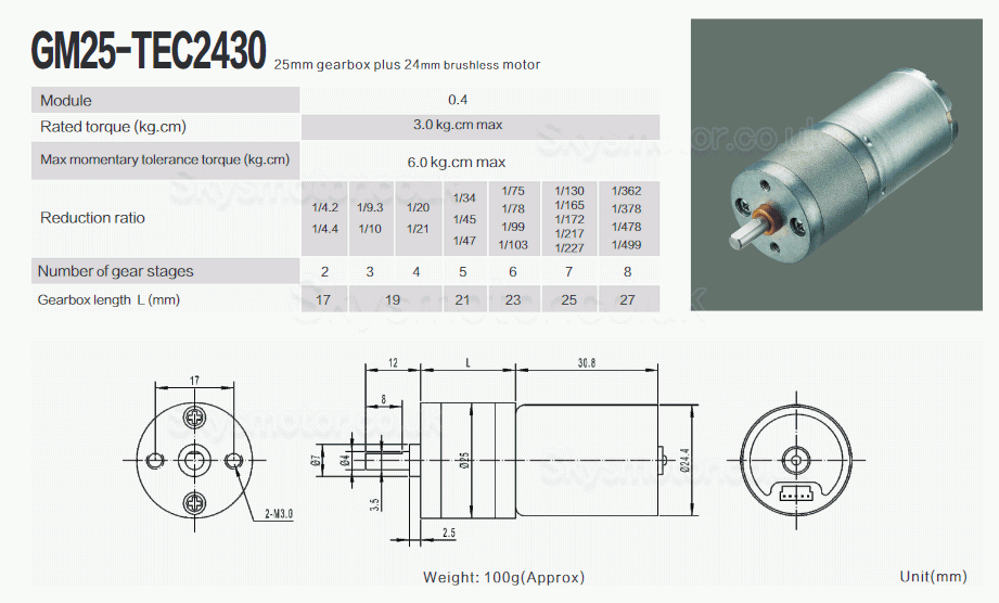 2Pcs Φ25mm 12V/24V Brushed DC Gearmotor GM25-TEC2430 with Spur Gearbox Ratio 4~499 0.2-5kg.cm