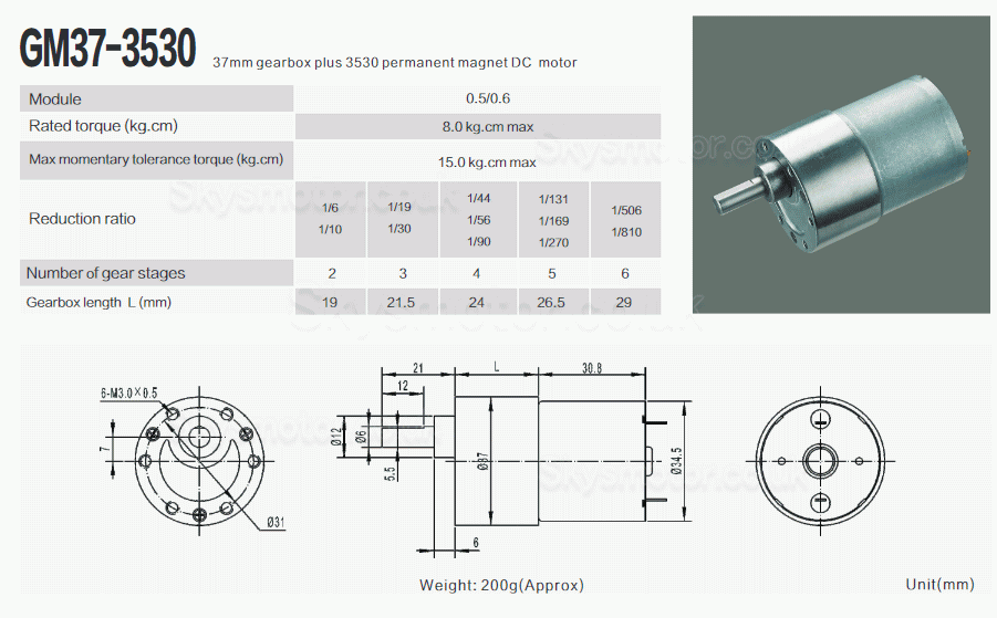 2Pcs 12V/24V Brushed DC Gear Motor PMDC Motor GM37-3530 with Reduction Ratio 6~810 Spur Gearbox