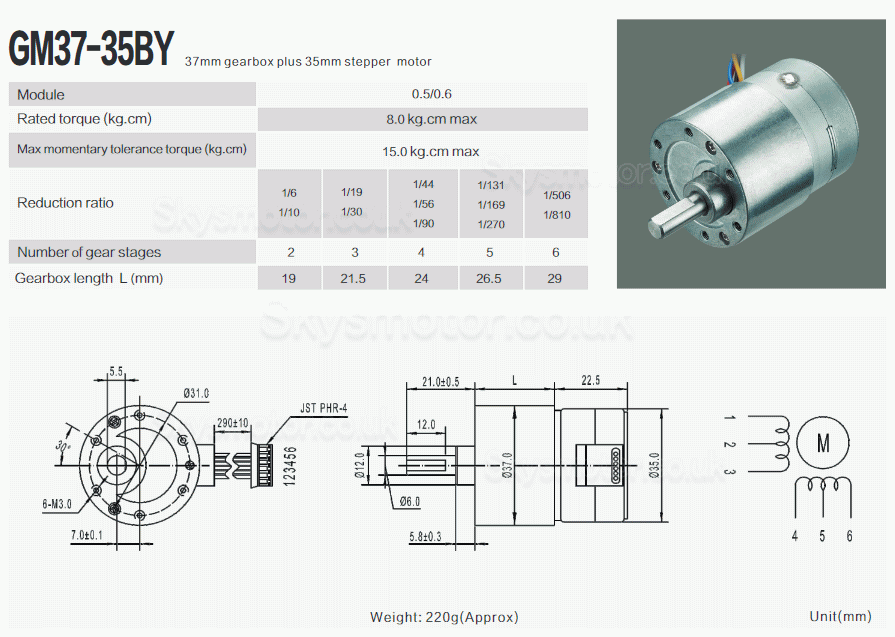 2Pcs 12V Brushed DC Stepper Gear Motor GM37-35BY 7.5°with Reduction Ratio 6~810 Spur Gearbox