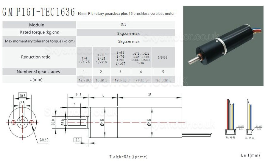 2Pcs Φ16mm 12V/24V Coreless Brushless Gear Motor GMP16T-TEC1636 with Planetary Gearbox Shaft 3mm