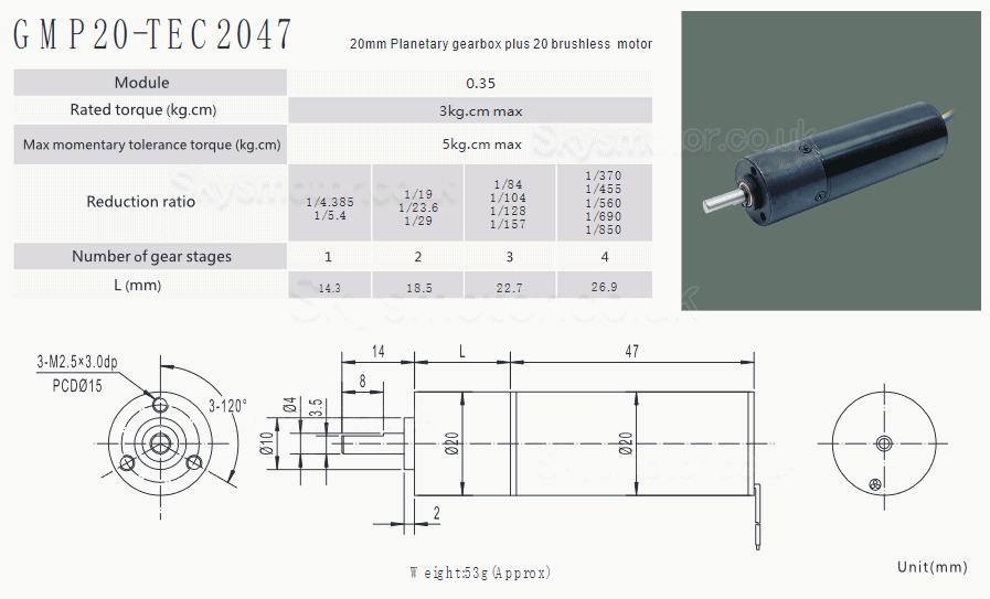 2Pcs Φ22mm 12V/24V Brushless DC Gearmotor GMP20-TEC2047 3.0kg.cm With Planetary Gearbox 