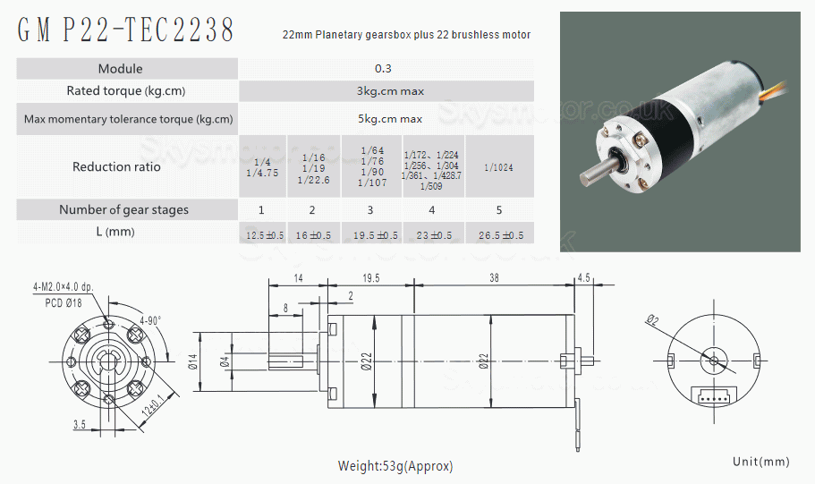 2Pcs Φ22mm 12V/24V BLDC Gearmotor MP22-TEC2238 3.0kg.cm 3W CW/CCW With Planetary Gearbox