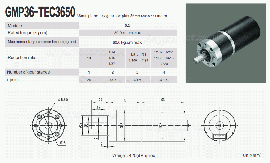 2Pcs Φ36mm 12V/24V Brushless DC Gearmotor GMP36-TEC3650 30kg.cm 18w With Planetary Gearbox