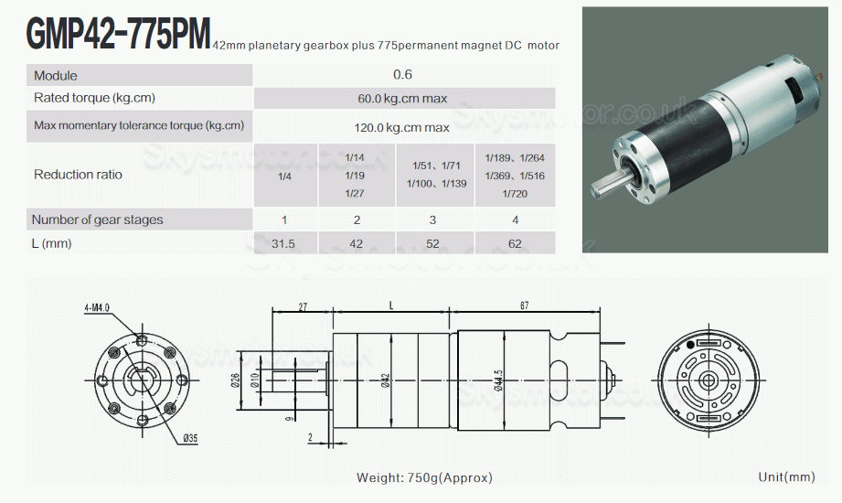 2Pcs Φ42mm 12V/24V Brushed DC Gearmotor GMP42-775PM PMDC Motor with Ratio 4~720 Planetary Gearbox