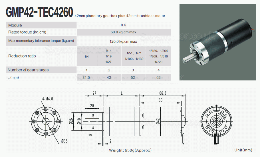 2Pcs Φ42mm 12V/24V Brushless DC Gearmotor GMP42-TEC4260 60kg.cm 21w With Planetary Gearbox