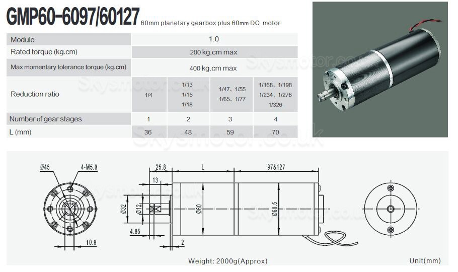 2Pcs Φ60mm 12V/24V High Torque Brushed DC Gearmotor GMP60-60127 with Ratio 4~326 Planetary Gearbox