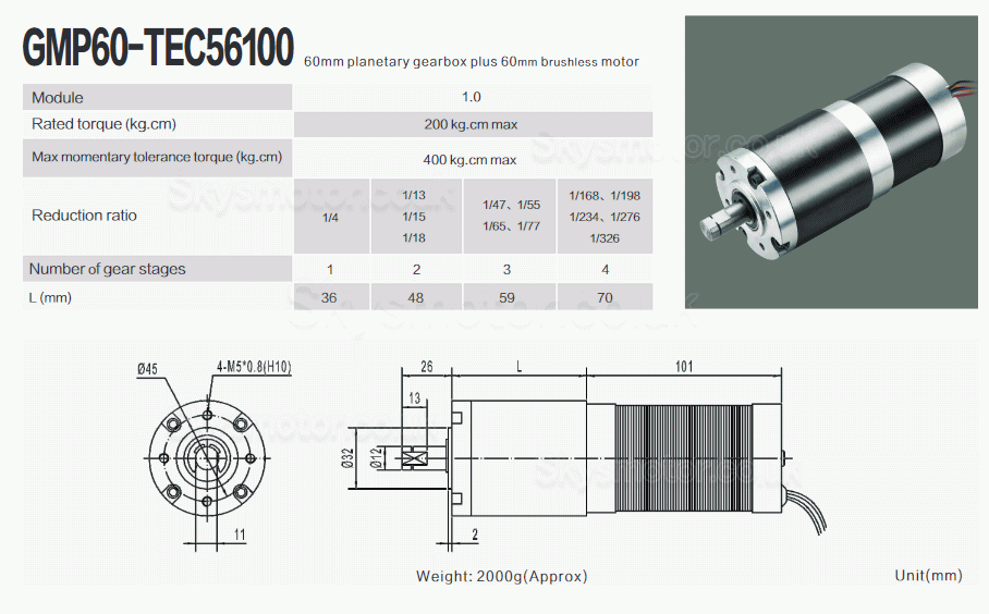 2Pcs Φ60mm 12V/24V Brushless DC Gearmotor GMP60-TEC56100 200kg.cm 18-132W With Planetary Gearbox 