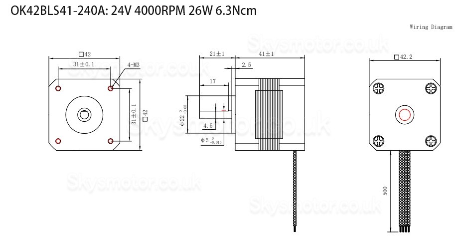 24V Brushless DC Motor OK42BLS 6.25Ncm-18.5Ncm 1500RPM/4000RPM 3 Phase Φ42mm Keyway