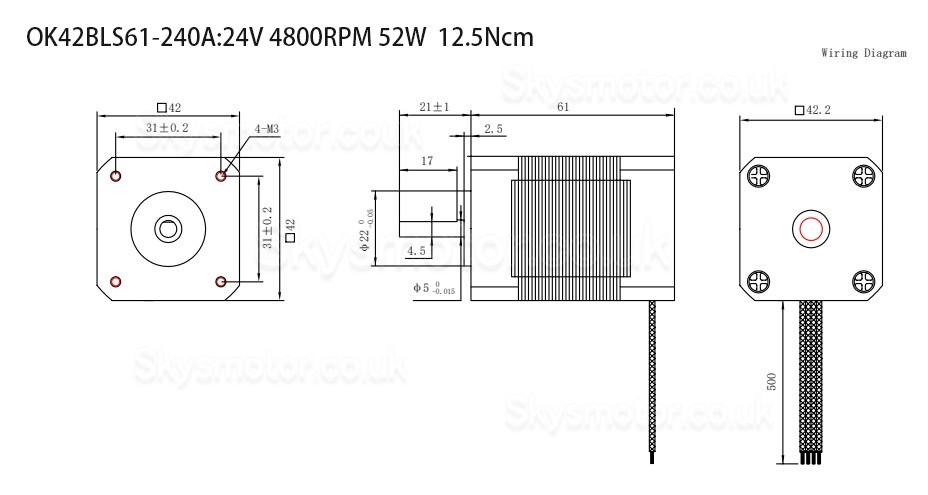 24V Brushless DC Motor OK42BLS 6.25Ncm-18.5Ncm 1500RPM/4000RPM 3 Phase Φ42mm Keyway