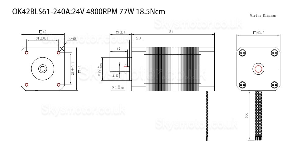 24V Brushless DC Motor OK42BLS 6.25Ncm-18.5Ncm 1500RPM/4000RPM 3 Phase Φ42mm Keyway