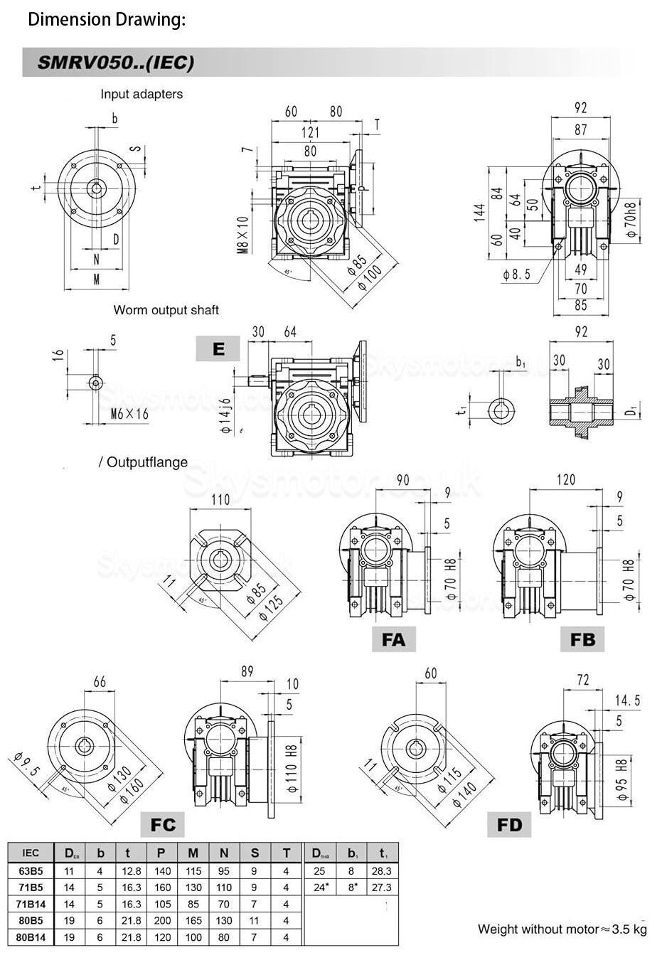 RV050 80B14/80B5 Round Worm Gear Reducer Gearbox Ratio 5:1 10:1 15:1 20:1 30:1 Input 19mm