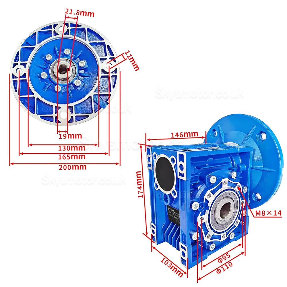 RV063 80B5/90B14 Round Worm Gear Reducer Gearbox Ratio 7.5:1 10:1 15:1 20:1 30:1 Input 19mm/24mm