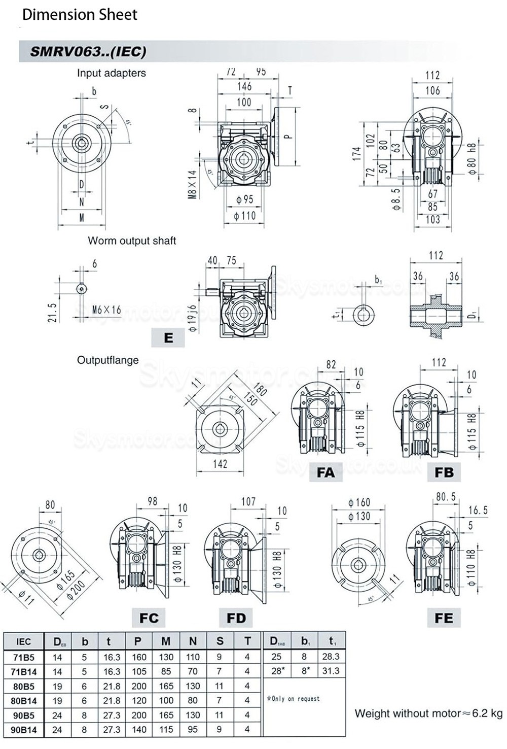 RV063 80B5/90B14 Round Worm Gear Reducer Gearbox Ratio 7.5:1 10:1 15:1 20:1 30:1 Input 19mm/24mm