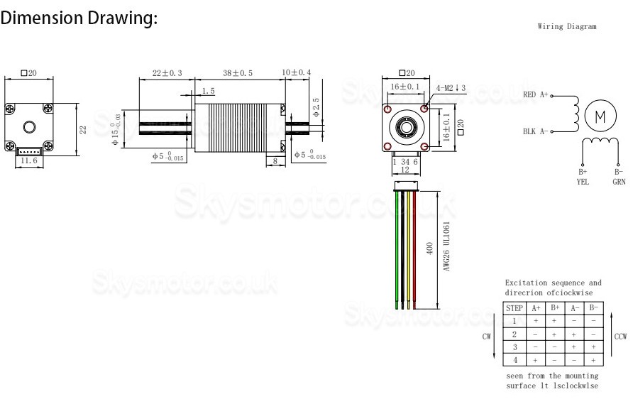 Hollow Shaft Nema 8 Stepper Motor OK20HC38-22NK1 Bipolar 1.8 Deg 3.13Ncm 0.6A 5.4V 2 Phase Dual Shaft