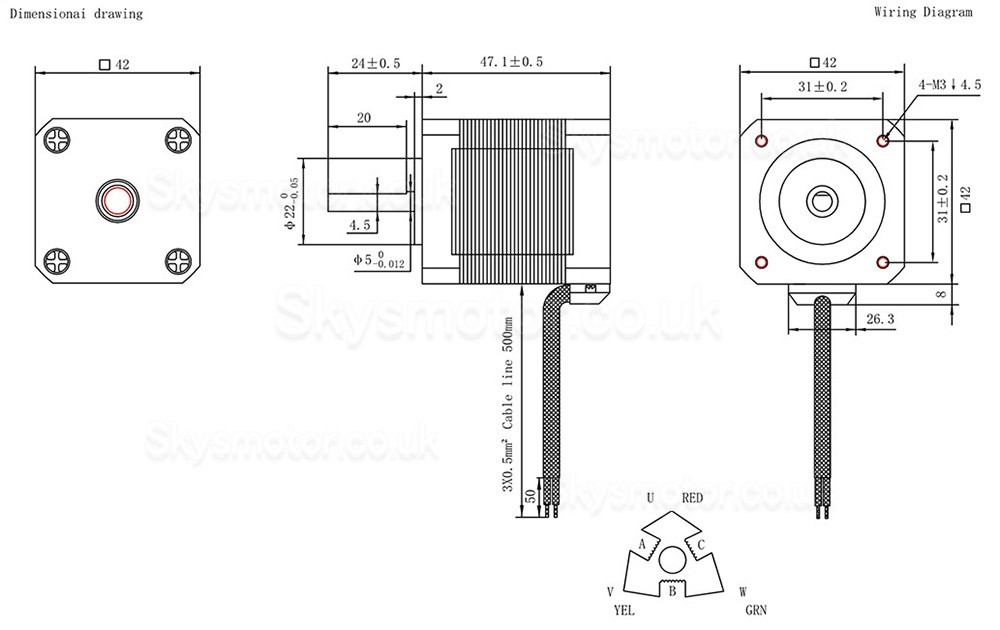 Oukeda NEMA 17 Stepper Motor OK423P47-154A 1.2 Deg 32Ncm 3 Phase 1.5A 5.4VDC D-cut