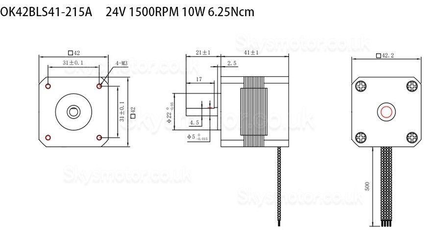 24V Brushless DC Motor OK42BLS 6.25Ncm-18.5Ncm 1500RPM/4000RPM 3 Phase Φ42mm Keyway