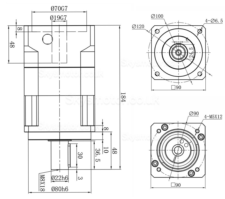 PGH090 Series Helical Planetary Gearbox 19mm Input Shaft for Nema 34 Stepper Motor / 80-90mm Servo Motor