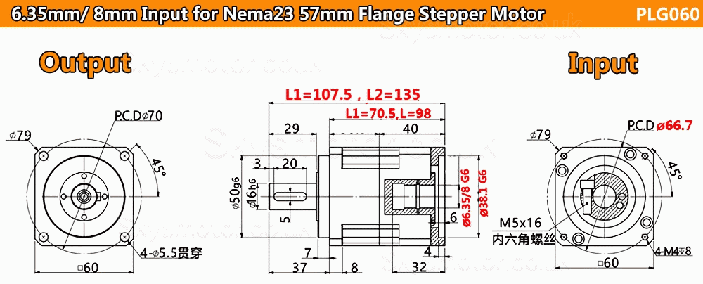 PLG060 Series Helical Planetary Gearbox 6.35/8/11/14mm Input Shaft for Nema23 Stepper Motor /Nema 24 Svero Motor