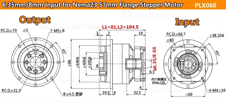 PLX060 Series Helical Planetary Gearbox Flange Plate Output for Nema23 Stepper Motor / Nema24 Servo Motor