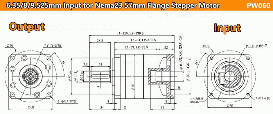 PW060 Series Helical Planetary Gearbox 6.35/8/9.525/11/14mm Input Shaft for Nema23 Stepper Motor /Nema 24 Svero Motor