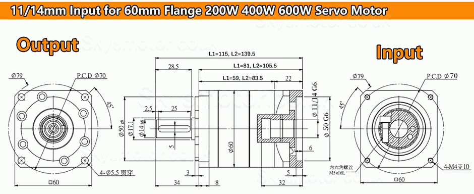 PW060 Series Helical Planetary Gearbox 6.35/8/9.525/11/14mm Input Shaft for Nema23 Stepper Motor /Nema 24 Svero Motor