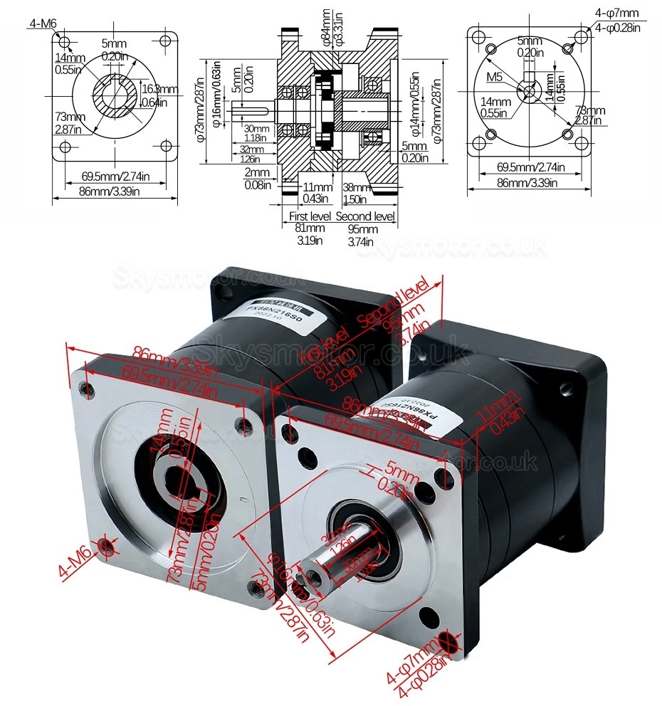 PX86 Series Nema 34 Planetary Gearbox Reducer Gearbox Input Shaft 14mm Output Shaft: 16mm