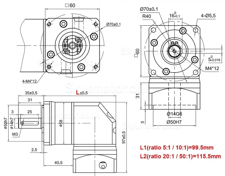 RTG60 Series Nema 24 Right Angle Planetary Gearbox Ratio 5:1/10:1/20:1/50:1 for 60mm Servo Motors