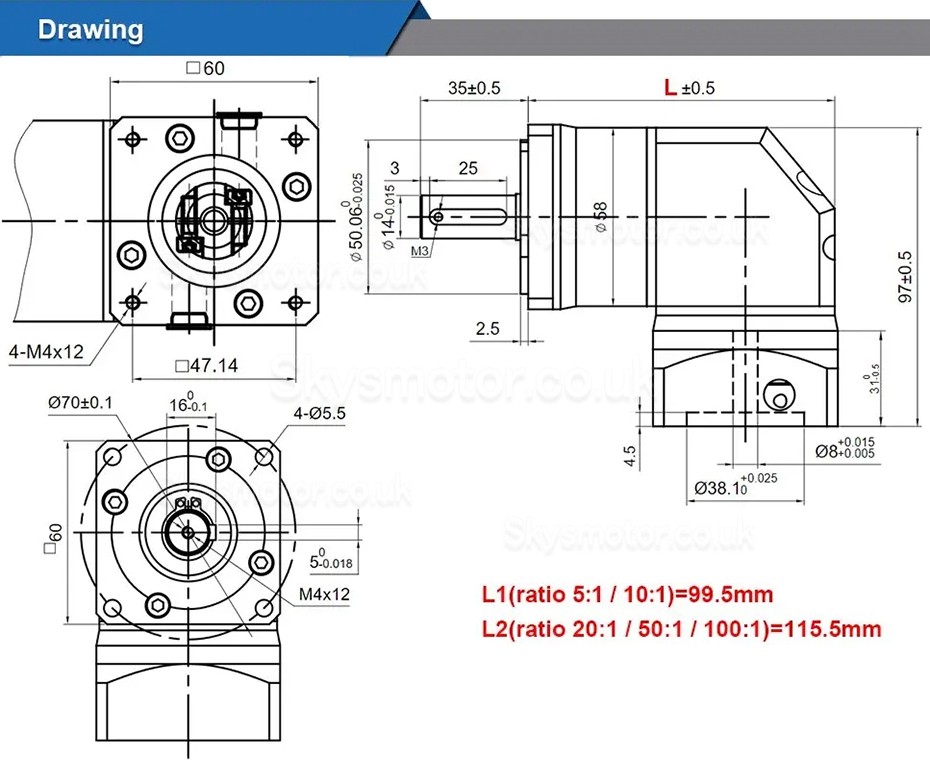 RYG23 Series Nema 23 Right Angle Planetary Gearbox Gear Ratio 5:1/10:1/20:1/50:1 for Nema 23 Stepper Motor