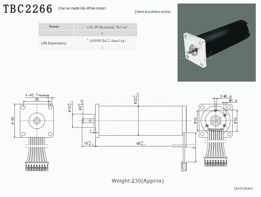 2Pcs Φ22mm 12/24V Brushless Coreless DC Motor TBC2266 0.8kg.cm 62.3W/118.5W Shaft Diameter 3mm