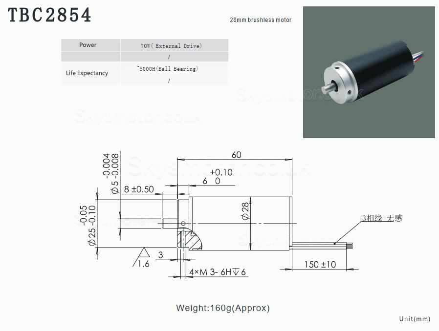 2Pcs Φ28mm 24V Brushless Coreless DC Motor TBC2854 0.8kg.cm/2.2kg.cm 15.2W/41W Shaft Diameter 5mm