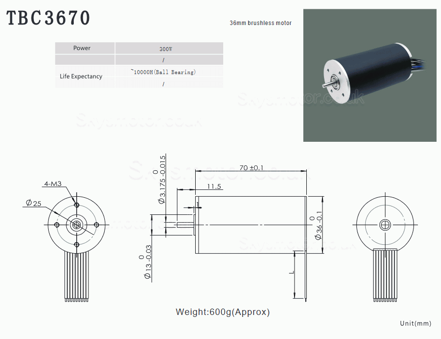 2Pcs Φ36mm 24/36V Brushless Coreless DC Motor TBC3670 1.2-2.4kg.cm 67-270W Shaft Diameter 3.175mm