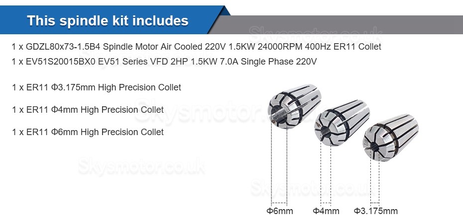 1.5KW CNC Air Cooled Spindle Motor 400Hz ER11+ 2HP VFD Variable Frequency Drive Inverter Kit VSK-ASL1.5B