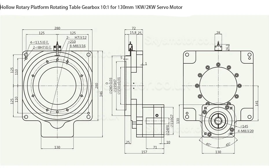 ZCT280-10 Rotary Actuator Reducer Input Shaft 22/24mm Ratio 10:1 for 130mm 1/2KW AC Servo Motor